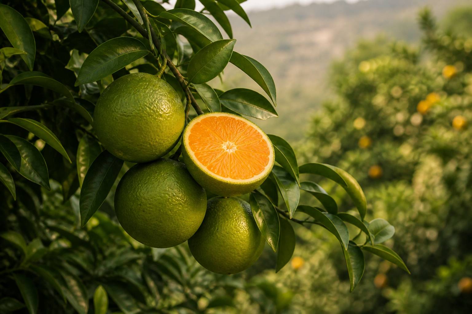 Green-skinned organic oranges on a Bio-Tropical farm in Nkwantanan, Ghana